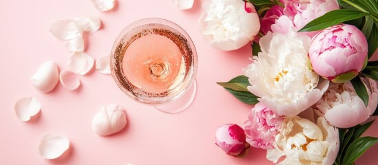 Poster - Peony flowers bouquet in pink and white on pink background with glass of beverage and petals creating a romantic flat lay composition