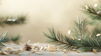 Poster - Pine leaves on a soft blurred background creating a serene and natural holiday atmosphere for seasonal designs