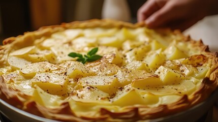 Aufkleber - Ossetian Pie with Creamy Cheese and Sliced Potatoes Freshly Baked on a Rustic Wooden Table