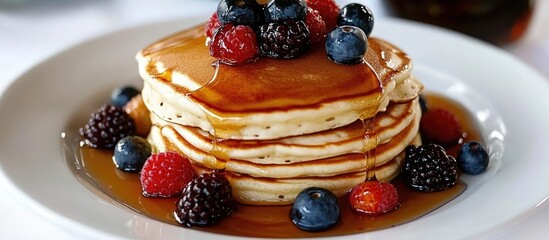 Poster - Delicious pancakes topped with fresh berries, fruit syrup, and honey on a pristine white table setting. Perfect for breakfast or brunch.