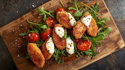 Poster - Oven Baked Breaded Chicken Nuggets with Fresh Tomatoes Mozzarella and Arugula on Wooden Cutting Board in Rustic Kitchen Setting