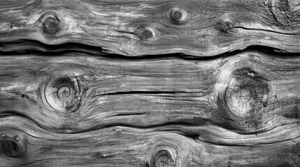 Poster - Weathered pine wood wall texture showcasing rich grain patterns and unique knots in a monochrome aesthetic for rustic design elements.