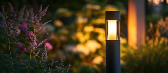 Aufkleber - Elegant outdoor lamp illuminating garden with soft blurred background enhancing evening aesthetics and tranquility.