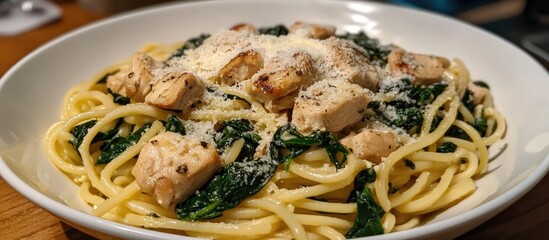 Poster - Pasta dish featuring chicken and spinach garnished with creamy ricotta cheese in a stylish bowl perfect for culinary presentations.