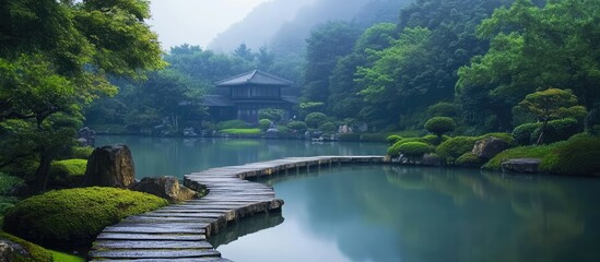 Poster - Tranquil Japanese Garden with Serene Pond and Wooden Pathway Surrounded by Lush Greenery and Misty Mountains in the Background