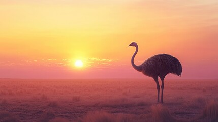 Poster - Ostrich silhouette against a vibrant sunset in a serene open plain landscape