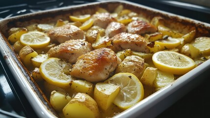 Poster - Oven Baked Lemon Chicken with Sliced Potatoes and Fresh Lemon Garnish in a Rustic Dish