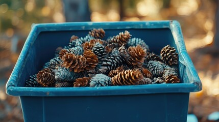 Poster - Pine cones collected in blue bin surrounded by autumn foliage natural seasonal decor for crafts and landscaping purposes