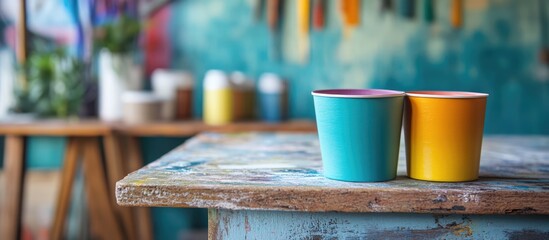 Aufkleber - Paint color samples in vibrant pots on a rustic workbench perfect for inspiring home decoration and DIY projects.