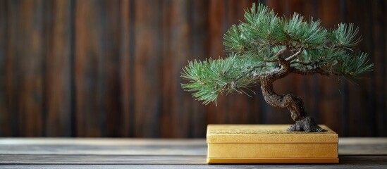 Poster - Pine tree beside a golden gift box on rustic wooden background showcasing holiday spirit and natural elegance