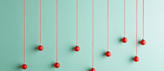 Sticker - Festive red ornaments on strings suspended against a mint background emphasizing eco-friendly New Year celebration aesthetics