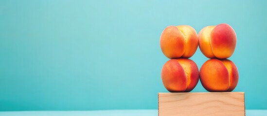 Aufkleber - Fresh peaches arranged in a modern flat lay on a pastel blue backdrop with wooden elements and ample copy space for creative design use