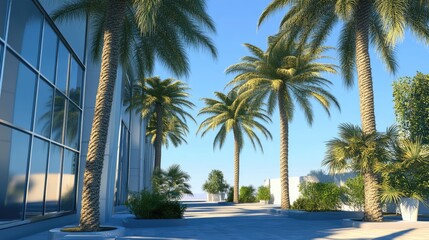 Poster - Tropical palm trees lining a modern building pathway under a clear blue sky in a serene urban landscape