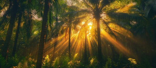 Aufkleber - Sunset rays filtering through a lush palm grove creating a mystical and serene atmosphere in nature's tranquil setting