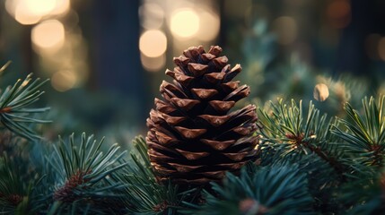 Poster - Pine cone nestled among vibrant evergreen needles in a natural forest setting with soft bokeh background.