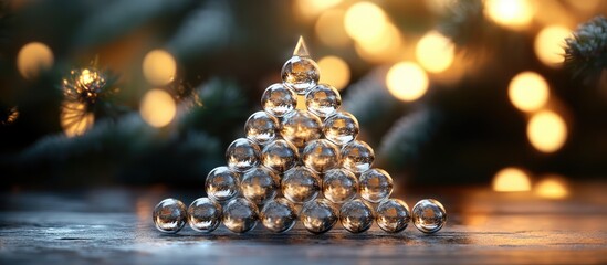 Poster - elegant pyramid of glass balls decorated for new year surrounded by soft glowing lights creating a f