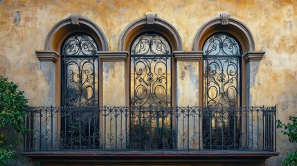 Poster - Arched windows adorned with intricate wrought iron grills against a rustic wall highlighting classic architectural elegance