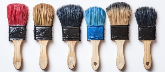 Aufkleber - Macro view of used paint brushes on a white background showcasing bristle details and ample space for design or text overlay