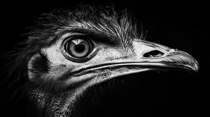 Aufkleber - Ostrich close-up portrait highlighting intricate feather details and expressive eye against a dark background