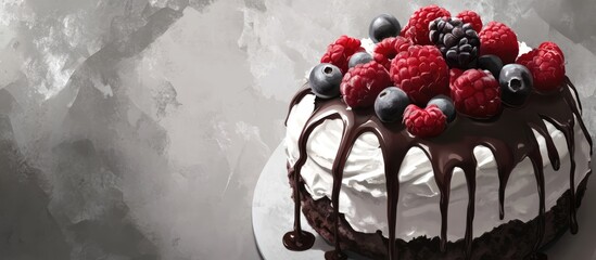 Poster - Pavlova cake adorned with whipped cream cheese chocolate drizzle and vibrant fresh berries on a stylish grey backdrop
