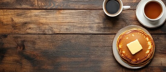 Poster - Pancakes topped with butter and maple syrup served alongside coffee on a rustic wooden table perfect for a delicious breakfast scene