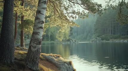 Poster - Serene lakeside view featuring pine and birch trees surrounded by calm water and lush greenery in a tranquil natural setting.