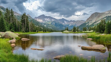 Aufkleber - Mountain landscape with overcast sky reflecting on tranquil lake surrounded by lush greenery and rocky shores.