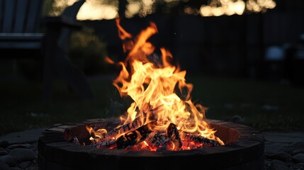 Poster - Cozy Evening Campfire with Flickering Flames in a Summer Backyard Setting