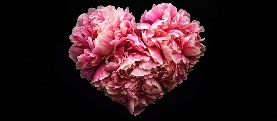 Poster - Heart shaped arrangement of pink peony petals on black background romantic decor for love themed projects or presentations overhead view