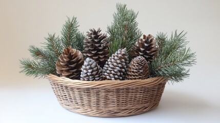 Poster - Wicker basket filled with pine and fir cones adorned with evergreen branches for winter seasonal decorations