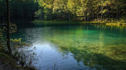Poster - Tranquil forest lake reflecting vibrant greenery and serene waters surrounded by lush trees in a peaceful natural setting.