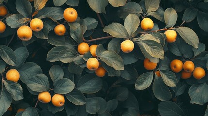 Poster - Ostrya tree branches laden with vibrant yellow fruit surrounded by lush green leaves in a natural setting.