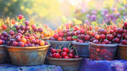 Poster - Freshly harvested cherries displayed in rustic containers on a sunlit outdoor market showcasing vibrant colors and natural beauty
