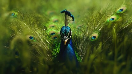 Poster - Majestic peacock displaying vibrant feathers amidst lush green grass in a serene natural setting