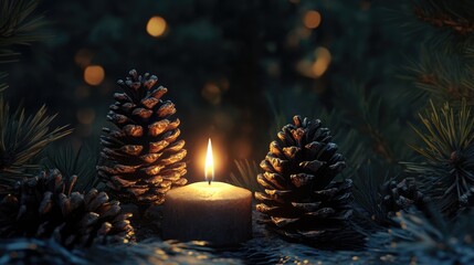 Poster - Rustic winter scene with pine cones and glowing candle amidst green foliage and soft bokeh lights creating a cozy atmosphere