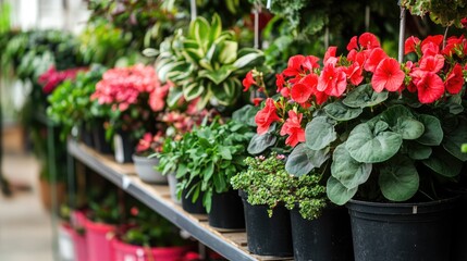 Aufkleber - Diverse assortment of vibrant red ornamental plants and flowers in pots displayed in a garden center setting perfect for landscaping ideas