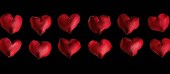 Aufkleber - Red heart pattern made from rose petals on black background ideal for greeting card design romantic love symbol flat lay view with copy space