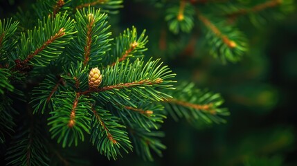 Poster - Close up of evergreen pine tree branches with cones perfect for natural textures and backgrounds in design and nature-themed projects