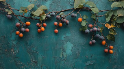 Aufkleber - Ostrya branches displaying colorful fruit against a textured turquoise background showcasing natural beauty and botanical detail.