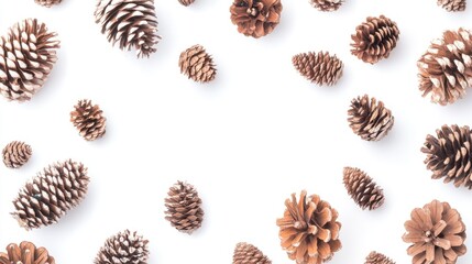 Poster - Variety of pine cones arranged on a white background showcasing natural textures and shapes ideal for seasonal decor or nature themes