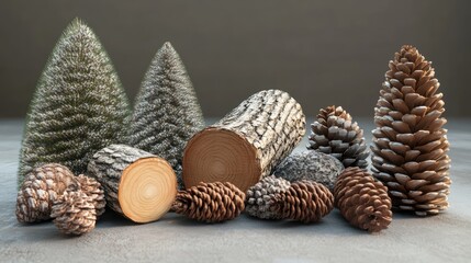 Poster - Natural pine cones and wooden logs arranged artistically on a textured surface showcasing earthy tones and organic textures.
