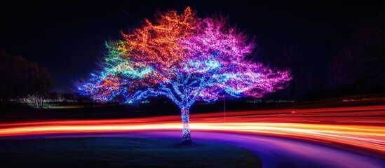 Poster - vibrant night scene with colorful light trails illuminating a tree in a festive display of creativit