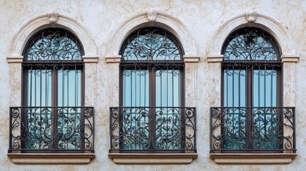 Poster - Elegant wrought iron grills embellishing arched windows on a textured wall showcasing architectural detail and design craftsmanship
