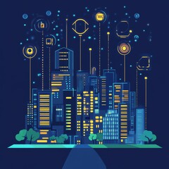 Aufkleber - City Skyline Illuminated by Technology and Data Visualization, Showcasing Modern Architecture and Digital Connections at Night