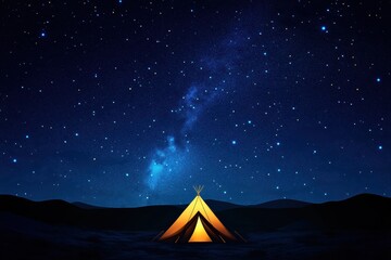 Poster - Camp under a starry night sky with vibrant tent glowing in the darkness near mountain range. Generative AI