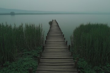 Aufkleber - A plain wooden bridge stretching across a vast, calm lake.