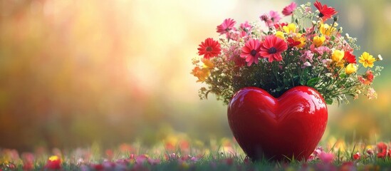 Aufkleber - Vibrant bouquet of colorful flowers in a red heart-shaped vase set against a blurred natural backdrop for decoration and banners