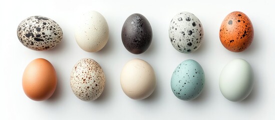 Poster - Colorful painted eggs arranged in a flat lay on a white background with negative space for a minimalist and festive look