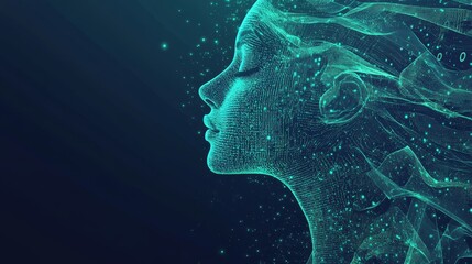 Poster - Digital Representation of a Woman's Profile With Flowing Hair and Glowing Particles, Symbolizing Technology and Creativity Merging in a Harmonious Design
