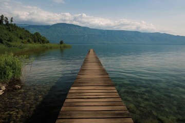 Aufkleber - A plain wooden bridge stretching across a vast, calm lake.